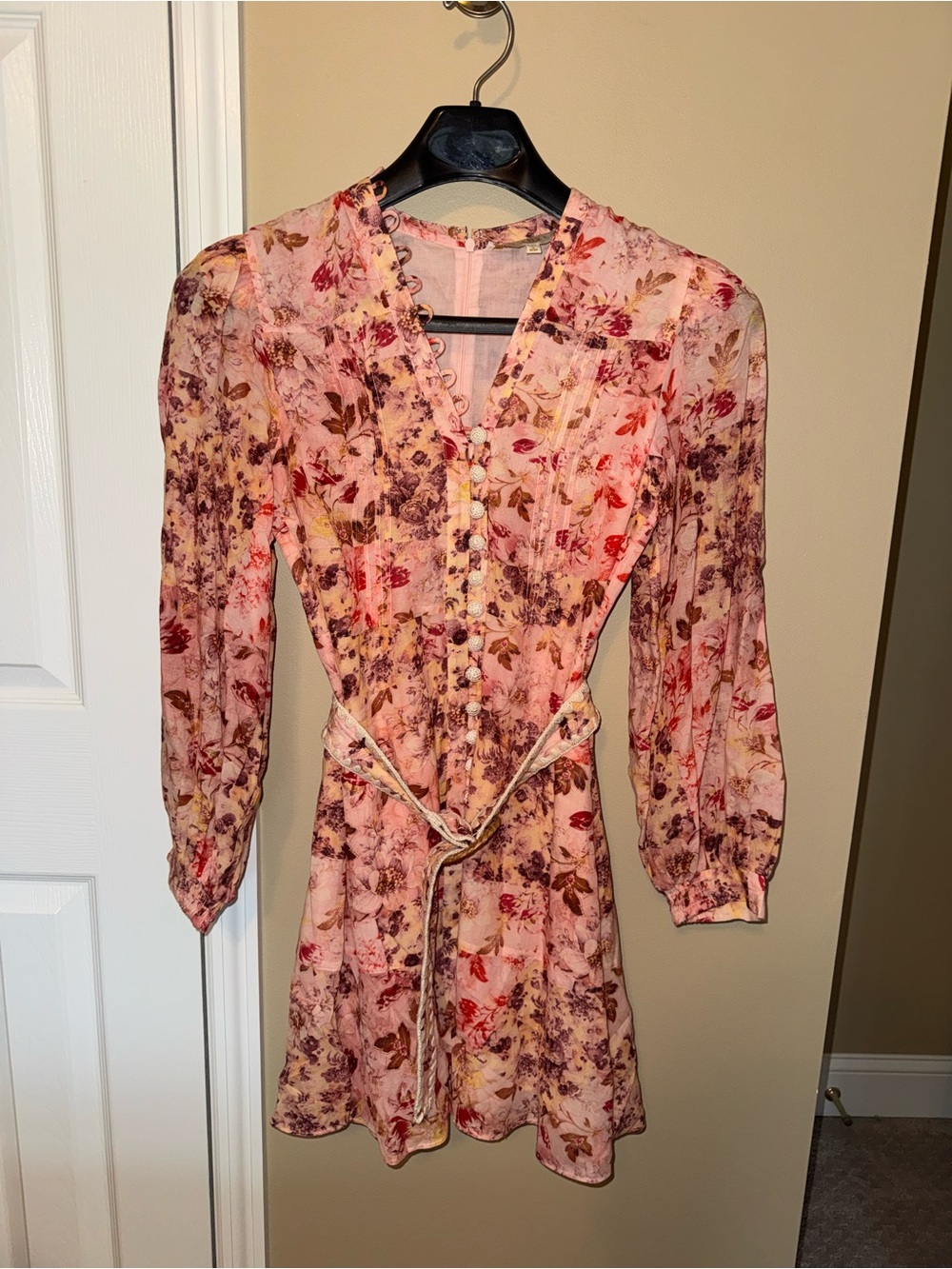 Anna Cate Pink Floral Long-Sleeve Mini Dress with Raffia Belt
